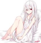  ankle_ribbon bare_legs bare_shoulders barefoot dated downscaled dress full_body long_hair looking_at_viewer md5_mismatch original otokuyou red_eyes resized ribbon shiroi_ko_(otokuyou) sitting solo stitches white_hair 