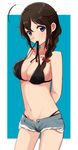  ahoge arms_behind_back bad_id bad_pixiv_id bikini_top black_hair blue_eyes braid breasts cleavage commentary_request cowboy_shot cutoffs denim denim_shorts exposed_pocket hair_over_shoulder hair_ribbon highres kantai_collection large_breasts long_hair misumi_(macaroni) mouth_hold navel open_fly ribbon shigure_(kantai_collection) short_shorts shorts single_braid smile solo unzipped 