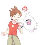  ^_^ amano_keita belt brown_hair closed_eyes ghost grin mei_(maysroom) one_eye_closed open_mouth purple_lips red_shirt shirt short_hair simple_background smile star t-shirt watch whisper_(youkai_watch) white_background wristwatch youkai youkai_watch 