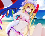  bad_id bad_pixiv_id beach bikini blonde_hair blue_sky bow choker cloud collarbone commentary_request daimaou_ruaeru day flandre_scarlet hat hat_bow highres innertube lake looking_at_viewer mob_cap navel outdoors pink_bikini red_eyes side_ponytail sky solo swimsuit touhou 
