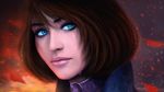  bioshock bioshock_infinite blue_eyes brown_hair choker corset dress elizabeth_(bioshock_infinite) gradient gradient_background looking_at_viewer open_mouth short_hair solo tear tears 