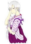  absurdres bashamichi breasts commentary_request hakama highres japanese_clothes kimono long_hair looking_at_viewer necktie open_mouth ponytail red_eyes ribbon ryuusei_star silver_hair solo tray very_long_hair vocaloid voyakiloid waitress yagasuri yowane_haku 