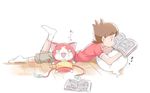  amano_keita animal_ears brown_hair candy_bar cat cat_ears chocoboo food food_on_face ghost haramaki jibanyan lying mei_(maysroom) multiple_tails no_shoes notched_ear on_stomach open_mouth reading red_shirt shirt short_hair socks t-shirt tail two_tails whisper_(youkai_watch) white_background youkai youkai_watch zzz 