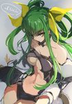  breasts c.c. cleavage code_geass cosplay creayus detached_sleeves dizzy dizzy_(cosplay) green_hair guilty_gear hair_ribbon long_hair looking_at_viewer medium_breasts midriff ribbon solo twitter_username unfinished yellow_eyes yellow_ribbon 