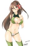  2015 alternate_costume amagi_(kantai_collection) arm_behind_back bare_shoulders bikini breasts brown_eyes brown_hair cleavage_cutout commentary_request contrapposto cowboy_shot dated flower green_bikini green_legwear hair_between_eyes hair_flower hair_ornament halterneck hand_on_own_chest highres kaminagi_(kaminagi-tei) kantai_collection large_breasts long_hair looking_at_viewer mole mole_under_eye navel ponytail simple_background skindentation solo standing stomach swimsuit thighhighs twitter_username white_background 