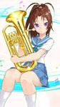  aqua_neckwear brown_hair euphonium hibike!_euphonium highres instrument legs long_hair nakagawa_natsuki neckerchief peperoncirno ponytail purple_eyes school_uniform serafuku solo 