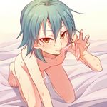  aqua_hair barefoot blush censored condom condom_in_mouth fffx61989 inazuma_eleven_(series) inazuma_eleven_go kariya_masaki looking_at_viewer male_focus mouth_hold nude penis smile solo sweat used_condom yellow_eyes 