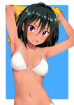  armpits arms_up bare_shoulders bikini blush breasts cleavage dark_skin green_hair idolmaster idolmaster_cinderella_girls looking_at_viewer natalia_(idolmaster) navel open_mouth pettan_p purple_eyes short_hair small_breasts smile solo sweat swimsuit undressing white_bikini 