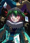  black_background card clown clown_mask dutch_angle green_hair grin hat jester_cap liusang male_focus moon multicolored_hair playing_card red_eyes red_hair sakaki_yuuya smile solo sun yuu-gi-ou yuu-gi-ou_arc-v 