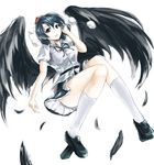  belt bird_wings black_eyes black_hair blouse feathers full_body geta hand_in_hair hat highres kneehighs knees_together_feet_apart kz_nagomiya leaning_back loafers looking_at_viewer parted_lips pom_pom_(clothes) ribbon shameimaru_aya shoes short_hair short_sleeves simple_background skirt solo tengu-geta tokin_hat touhou white_background white_legwear wings 