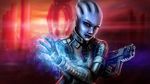  alien asari bald blue_eyes blue_skin freckles gradient gradient_background gun liara_t&#039;soni liara_t'soni lipstick makeup mass_effect mass_effect_3 no_humans solo weapon 