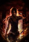  blood bow bow_(weapon) brown_eyes brown_hair fire gradient gradient_background lara_croft long_hair looking_at_viewer open_mouth smoke solo standing tank_top tomb_raider weapon 