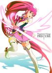  absurdly_long_hair aino_megumi bow cure_lovely energy_sword hair_ornament happinesscharge_precure! highres jewelry long_hair magic magical_girl motoki_(hisano_motoki) open_mouth pink_bow pink_eyes pink_hair ponytail precure skirt solo sword thighhighs very_long_hair weapon wide_ponytail wings 