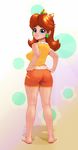  ass back barefoot black-rayal blue_eyes blush brown_hair crown earrings feet freckles from_behind gradient gradient_background hands_on_hip jewelry long_hair looking_at_viewer looking_back mario_(series) nintendo pantylines princess_daisy shorts smile solo standing super_mario_bros. super_mario_land 