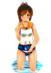  aka_kitsune bad_id bad_pixiv_id brown_eyes brown_hair crotch_grab highres i-401_(kantai_collection) kantai_collection old_school_swimsuit ponytail sailor_collar school_swimsuit school_swimsuit_flap short_hair solo swimsuit wading 