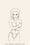  1girl android_18 artist_name breasts dragon_ball dragonball_z female large_breasts looking_at_viewer monochrome nipples no_bra panties r3ydart short_hair simple_background solo topless traditional_media underwear white_background 