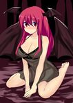  bare_legs barefoot bat_wings blush breasts cleavage head_wings highres hitotsuki_nebura image_sample kneeling koakuma large_breasts lingerie long_hair looking_at_viewer negligee nightgown red_eyes red_hair shiny shiny_skin shy sitting sleeveless solo touhou twitter_sample underwear wings 
