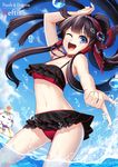 ;d arm_up bad_id bad_pixiv_id bikini black_hair blue_eyes breasts egyptian hair_tubes hairband highres long_hair navel nephthys_(p&amp;d) one_eye_closed open_mouth partially_underwater_shot ponytail puzzle_&amp;_dragons small_breasts smile swimsuit wading water water_drop wet zeroshiki_kouichi 