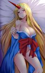  blonde_hair blush breasts cleavage downscaled highres hitotsuki_nebura horn hoshiguma_yuugi japanese_clothes kimono large_breasts long_hair long_sleeves looking_at_viewer lying md5_mismatch no_panties obi off_shoulder on_back on_bed open_mouth pussy_juice red_eyes resized ribbon sash solo star sweat touhou very_long_hair wide_sleeves yukata 