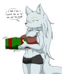  2018 anthro big_breasts breasts canine chest_tuft clothed clothing female fur gift hair long_hair mammal sandwich-anomaly shorts simple_background solo text tuft velvela vibrating wolf 