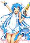  :d ankle_boots bare_shoulders blue_eyes blue_hair boots breasts covered_navel dress energy_gun finger_on_trigger hat hips ikamusume jumping kawa long_hair looking_at_viewer open_mouth ray_gun shinryaku!_ikamusume small_breasts smile solo squid_hat sundress tan tentacle_hair textless thighs very_long_hair weapon wide_hips 