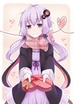  chocolate chocolate_heart dress hair_ornament heart heart_of_string jacket long_hair looking_at_viewer low_twintails plaid plaid_scarf purple_dress purple_eyes purple_hair scarf smile solo sxupxdxxy twintails upper_body valentine vocaloid voiceroid yuzuki_yukari 