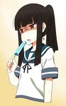  akitetsu alternate_hairstyle bad_id bad_twitter_id bangs black_hair black_ribbon blunt_bangs brown_eyes empty_eyes food food_in_mouth gradient gradient_background hair_up hatsuyuki_(kantai_collection) highres hot kantai_collection long_hair melting open_mouth ponytail popsicle ribbon school_uniform serafuku shaded_face short_sleeves sidelocks solo sweat upper_body 