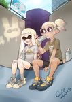  1girl 2015 artist_name bandaid bandaid_on_knee bespectacled bike_shorts billboard bottle bunny colo_(nagrolaz) dark_skin dated day domino_mask drinking fangs glasses highres inkling mask md5_mismatch pink_eyes ponytail shirt shoes sidelocks sitting smile sneakers splatoon_(series) splatoon_1 sweatdrop t-shirt tentacle_hair triforce white_hair 