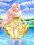  1girl animal bird dress earrings fluttershy green_eyes humanization jewelry long_hair my_little_pony my_little_pony_friendship_is_magic personification pink_hair sky smile standing tree water 