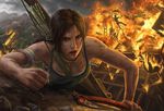  1girl bow bow_(weapon) brown_eyes brown_hair cloud earth fire lara_croft long_hair open_mouth smoke solo standing tank_top tomb_raider tree weapon 