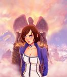  1girl bioshock bioshock_infinite blue_eyes brown_hair choker corset dress elizabeth_(bioshock_infinite) lips looking_at_viewer nose open_mouth short_hair sky solo 