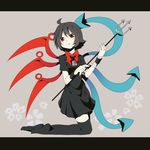  ahoge armband asymmetrical_wings bandages black_hair black_legwear blue_wings bow dress head_tilt holding holding_weapon houjuu_nue kneeling kozakura_(dictionary) letterboxed looking_at_viewer polearm red_eyes red_wings short_hair solo thighhighs touhou trident weapon wings zettai_ryouiki 