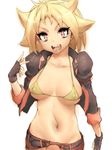  &gt;:d 1girl :d bangs belt beyblade bikini bikini_top black_gloves blonde_hair breasts breasts_apart cleavage clenched_hand collarbone cropped_jacket curvy erect_nipples fangs fingerless_gloves fumio_(rsqkr) gloves high_collar jacket kurenai_ren looking_at_viewer lowleg metal_fight_beyblade micro_bikini midriff navel open_clothes open_jacket open_mouth orange_eyes photoshop rough short_hair shorts sideboob simple_background sketch skindentation sleeves_rolled_up smile solo spiked_hair standing string_bikini swimsuit swimsuit_under_clothes underboob upper_body wide_hips yellow_bikini 