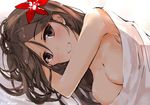  amagi_(kantai_collection) blush breasts brown_eyes brown_hair commentary flower hair_between_eyes hair_flower hair_ornament kantai_collection long_hair looking_at_viewer lying medium_breasts naked_sheet on_side shirotaso0818 solo upper_body 