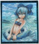  bikini blue_bikini blue_eyes blue_hair blue_sky bow cirno cloud collarbone dated day frame hair_bow ice ice_wings innertube jewelry lake looking_at_viewer mosho navel necklace open_mouth paint_(medium) pendant signature sky smile solo swimsuit touhou traditional_media watercolor_(medium) wings 