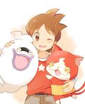  amano_keita belt brown_eyes brown_hair cat closed_eyes fangs ghost haramaki jibanyan mei_(maysroom) multiple_tails notched_ear one_eye_closed open_mouth purple_lips red_shirt shirt short_hair star t-shirt tail two_tails whisper_(youkai_watch) white_background youkai youkai_watch 