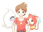  amano_keita belt brown_eyes brown_hair cat clenched_teeth ghost haramaki jibanyan mei_(maysroom) multiple_tails notched_ear open_mouth purple_lips red_shirt shirt short_hair star t-shirt tail teeth two_tails whisper_(youkai_watch) white_background youkai youkai_watch 