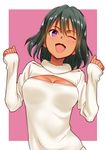  blush breasts cleavage cleavage_cutout dark_skin green_hair idolmaster idolmaster_cinderella_girls looking_at_viewer medium_breasts meme_attire natalia_(idolmaster) one_eye_closed open-chest_sweater open_mouth pettan_p purple_eyes short_hair smile solo sweater 