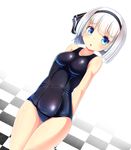  :o alternate_costume black_hairband blue_eyes blush breasts checkered checkered_floor dutch_angle hairband highres konpaku_youmu looking_at_viewer oimo_(imoyoukan) one-piece_swimsuit school_swimsuit shiny shiny_clothes short_hair silver_hair small_breasts solo swimsuit thigh_gap touhou 