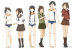  black_hair blush braid brown_eyes brown_hair commentary_request cosplay costume_switch hair_ribbon i-401_(kantai_collection) i-401_(kantai_collection)_(cosplay) kantai_collection kawashina_(momen_silicon) kitakami_(kantai_collection) kitakami_(kantai_collection)_(cosplay) long_hair mikuma_(kantai_collection) mikuma_(kantai_collection)_(cosplay) mogami_(kantai_collection) multiple_girls open_mouth ponytail ribbon sailor_collar school_uniform serafuku shikinami_(kantai_collection) shikinami_(kantai_collection)_(cosplay) short_hair smile swimsuit swimsuit_under_clothes tan tiptoes 