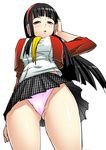 :&lt; amagi_yukiko ass_visible_through_thighs black_hair blush breasts brown_eyes cameltoe cowboy_shot from_below hand_on_headphones headphones highres houndstooth large_breasts long_hair looking_at_viewer okyou open_mouth panties pantyshot parted_lips persona persona_4 persona_4:_dancing_all_night persona_dancing pink_panties pleated_skirt shirt simple_background skirt solo sweat taut_clothes taut_shirt thighs underwear upskirt white_background 