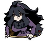  @_@ ahoge al_bhed_eyes banette black_hair breasts gen_3_pokemon gen_6_pokemon hairband hex_maniac_(pokemon) highres jewelry long_hair messy_hair nail_polish nintendo pokemon pokemon_(creature) pokemon_(game) pokemon_xy portal_(object) pumpkaboo purple_eyes ring solo sweater 