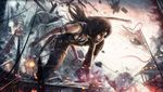  1girl bow bow_(weapon) brown_eyes brown_hair fire lara_croft long_hair rain solo tomb_raider weapon 