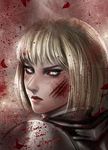  armor blonde_hair blood cape clare_(claymore) claymore gradient gradient_background lips looking_at_viewer nose scar short_hair silver_eyes solo 