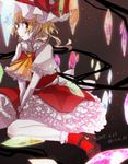  1girl ascot blonde_hair crystal dated flandre_scarlet frilled_skirt frills gradient gradient_background hair_ribbon hat highres ice_(aitsugai) looking_at_viewer mary_janes mob_cap pointy_ears puffy_sleeves red_eyes red_legwear ribbon shirt shoes short_hair short_sleeves side_ponytail sitting skirt skirt_set socks solo touhou twitter_username vest wings 
