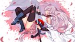  animal_ears bare_shoulders benghuai_xueyuan black_legwear boots bunny_ears deras holding holding_sword holding_weapon honkai_impact japanese_clothes long_hair petals pink_hair sheath skirt solo sword thighhighs unsheathing very_long_hair weapon yae_sakura_(benghuai_xueyuan) 