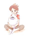  ^_^ amano_keita brown_eyes brown_hair closed_eyes ghost indian_style male_focus mei_(maysroom) no_shoes open_mouth pants purple_lips red_shirt shirt sitting socks solo t-shirt watch whisper_(youkai_watch) white_background wristwatch youkai youkai_watch 