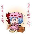  :3 bat_wings blue_hair bow brooch chibi commentary detached_wings flying_sweatdrops hat hat_bow jewelry mob_cap noai_nioshi open_mouth patch puffy_short_sleeves puffy_sleeves red_bow remilia_scarlet short_hair short_sleeves sitting soaking_feet solo sweat touhou translated wings |_| 