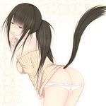  animal_ears ass black_hair clothes_tug der_(derm9) embarrassed hand_to_own_mouth kemonomimi_mode leaning_forward long_hair looking_at_viewer off-shoulder_sweater original panties panty_pull pantyshot ponytail red_eyes ribbed_sweater solo sweater sweater_tug tail trembling underwear 
