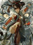  2015 animal_ears ass bad_anatomy bamboo black_hair breasts cleavage copyright_name crowgod earrings eyes fur_trim hair_tie highres jewelry legband legend_of_the_cryptids long_hair medium_breasts midriff red_eyes red_legwear rui_xi signature solo sword tail watermark weapon 